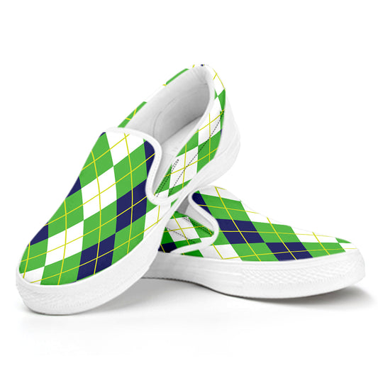 White Green And Navy Argyle Print White Slip On Shoes
