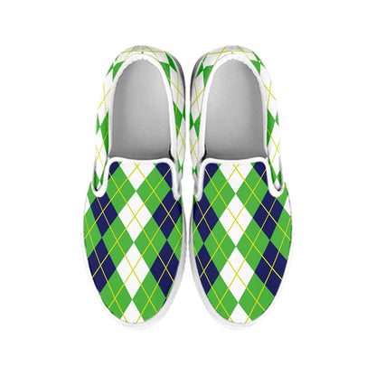 White Green And Navy Argyle Print White Slip On Shoes