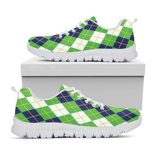 White Green And Navy Argyle Print White Sneakers
