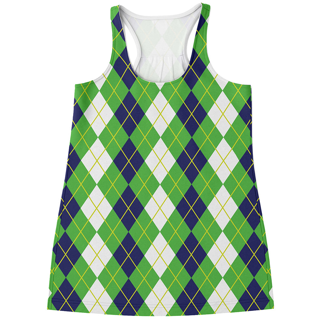 White Green And Navy Argyle Print Women's Racerback Tank Top