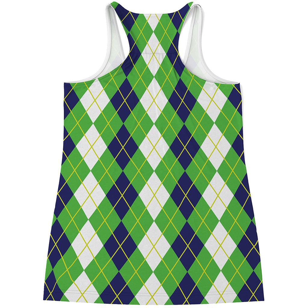 White Green And Navy Argyle Print Women's Racerback Tank Top