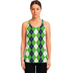 White Green And Navy Argyle Print Women's Racerback Tank Top