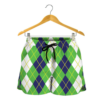White Green And Navy Argyle Print Women's Shorts