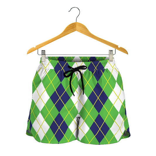 White Green And Navy Argyle Print Women's Shorts