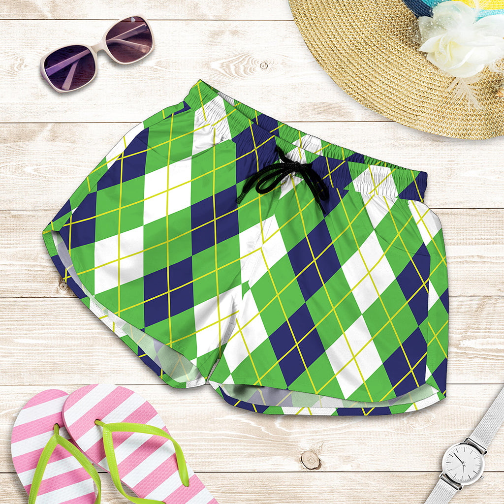 White Green And Navy Argyle Print Women's Shorts