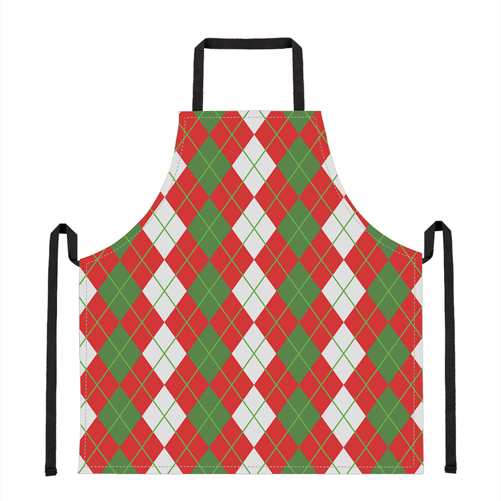 White Green And Red Argyle Pattern Print Apron