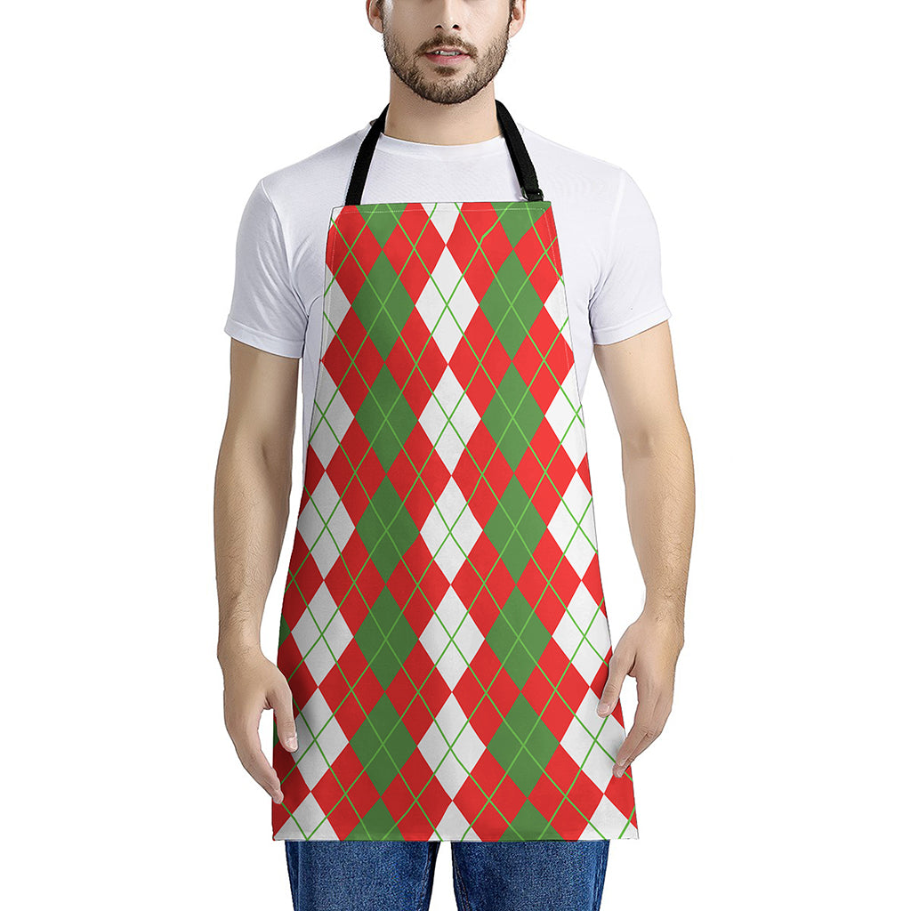 White Green And Red Argyle Pattern Print Apron