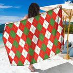 White Green And Red Argyle Pattern Print Beach Sarong Wrap