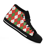 White Green And Red Argyle Pattern Print Black High Top Shoes
