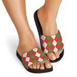 White Green And Red Argyle Pattern Print Black Slide Sandals