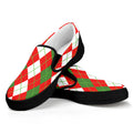 White Green And Red Argyle Pattern Print Black Slip On Sneakers