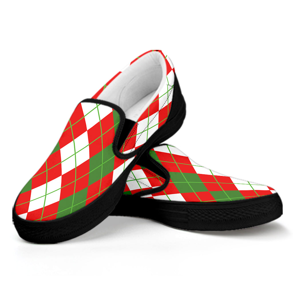 White Green And Red Argyle Pattern Print Black Slip On Shoes