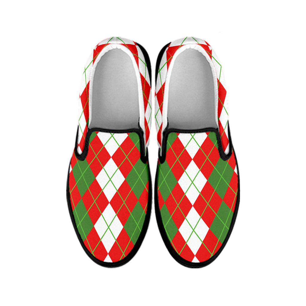 White Green And Red Argyle Pattern Print Black Slip On Shoes