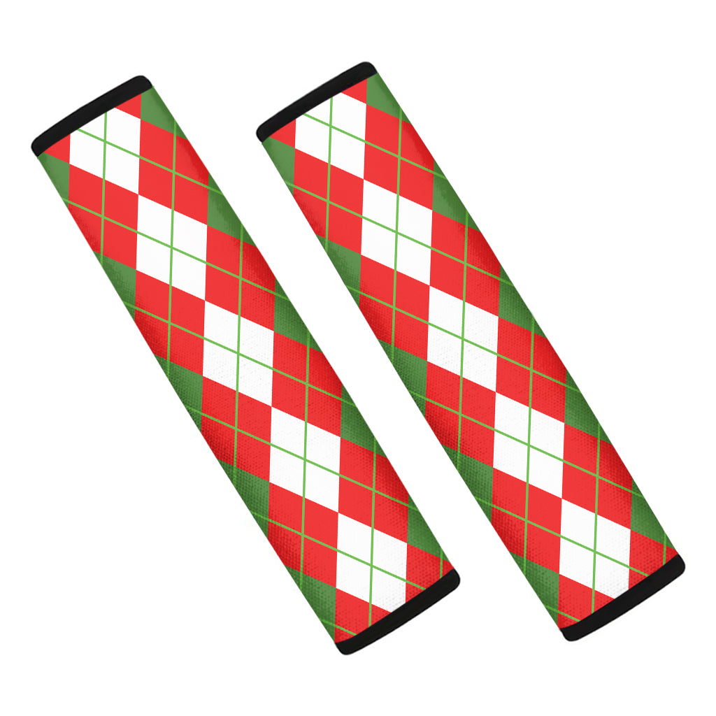 White Green And Red Argyle Pattern Print Car Seat Belt Covers