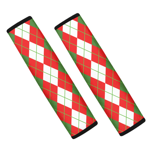 White Green And Red Argyle Pattern Print Car Seat Belt Covers