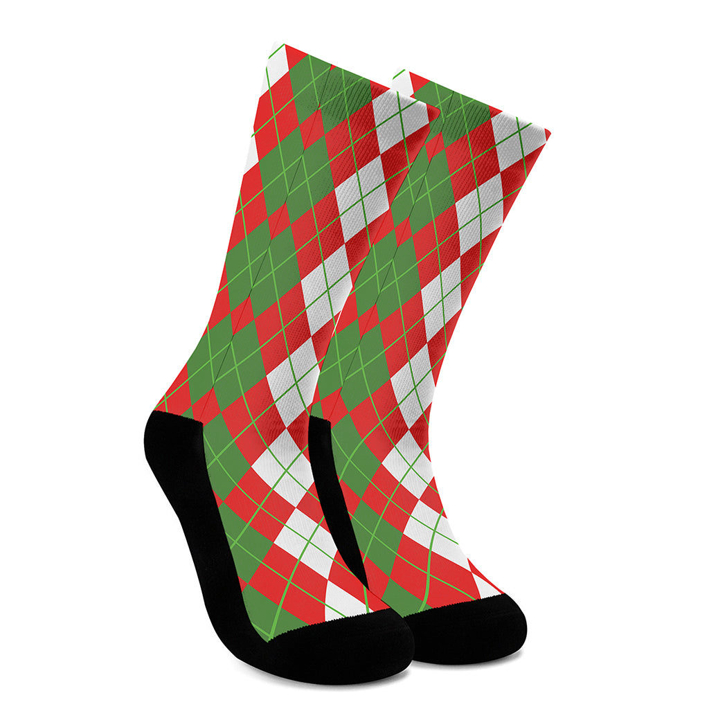 White Green And Red Argyle Pattern Print Crew Socks