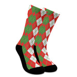 White Green And Red Argyle Pattern Print Crew Socks
