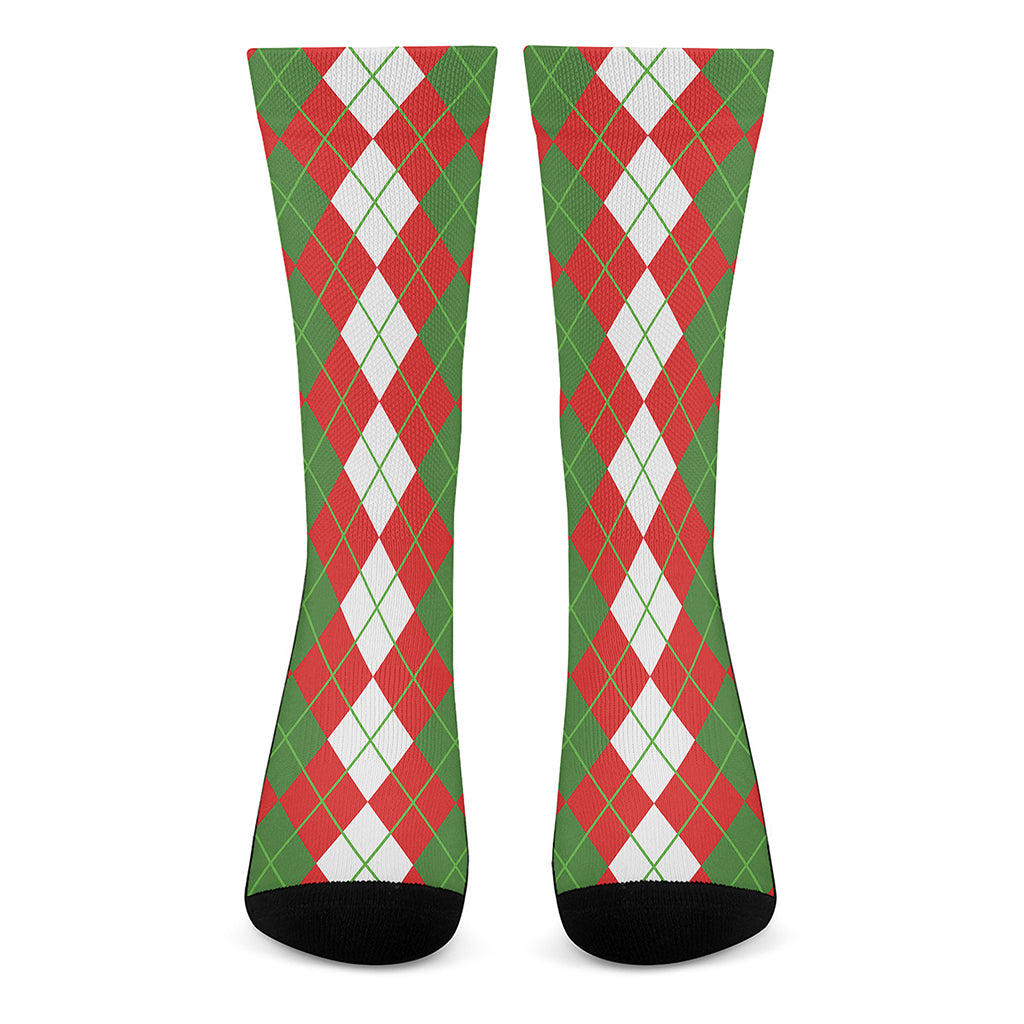 White Green And Red Argyle Pattern Print Crew Socks