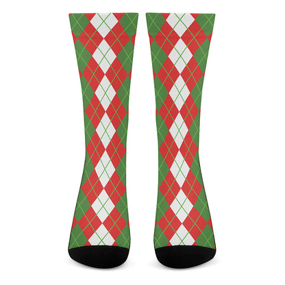 White Green And Red Argyle Pattern Print Crew Socks