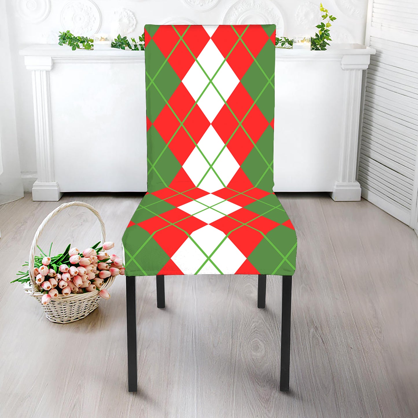 White Green And Red Argyle Pattern Print Dining Chair Slipcover
