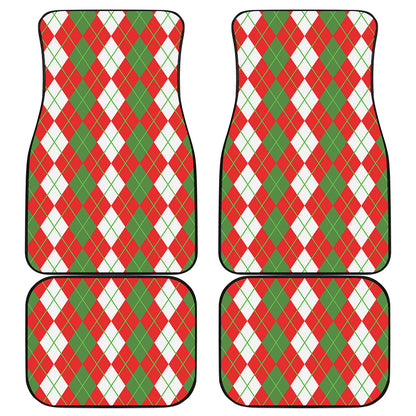 White Green And Red Argyle Pattern Print Front and Back Car Floor Mats