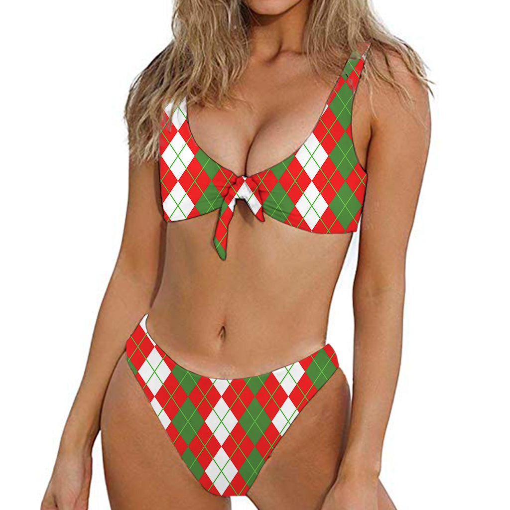 White Green And Red Argyle Pattern Print Front Bow Tie Bikini