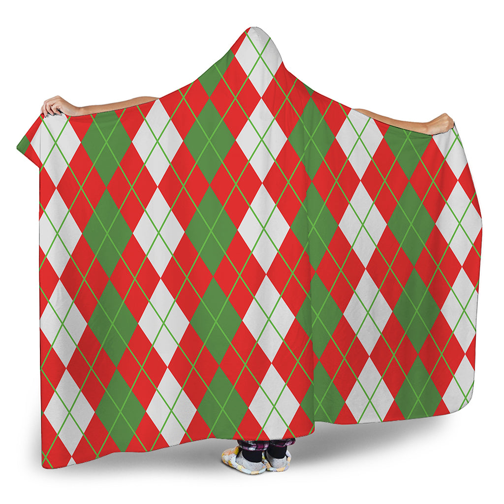 White Green And Red Argyle Pattern Print Hooded Blanket