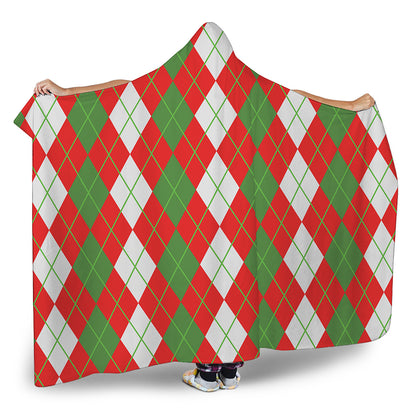 White Green And Red Argyle Pattern Print Hooded Blanket