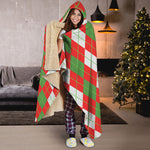 White Green And Red Argyle Pattern Print Hooded Blanket