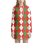 White Green And Red Argyle Pattern Print Hoodie Dress