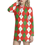 White Green And Red Argyle Pattern Print Hoodie Dress