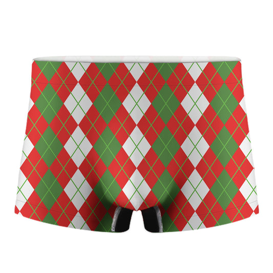 White Green And Red Argyle Pattern Print Men's Boxer Briefs