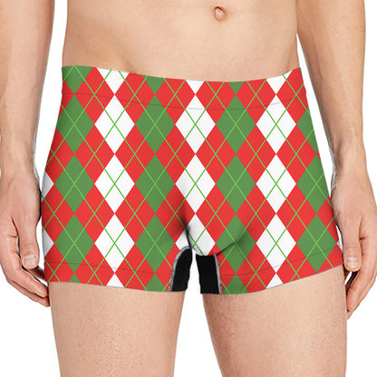 White Green And Red Argyle Pattern Print Men's Boxer Briefs