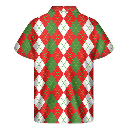 White Green And Red Argyle Pattern Print Men's Short Sleeve Shirt