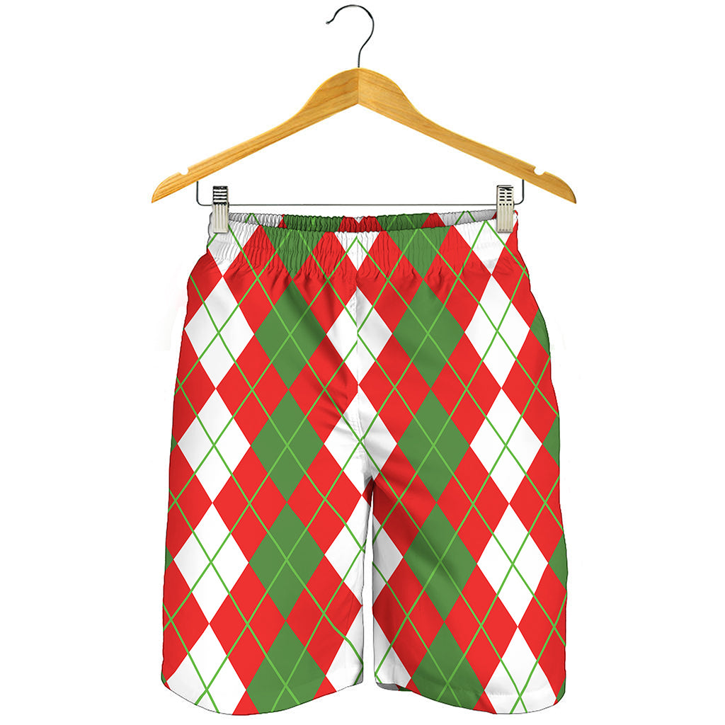 White Green And Red Argyle Pattern Print Men's Shorts