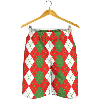White Green And Red Argyle Pattern Print Men's Shorts
