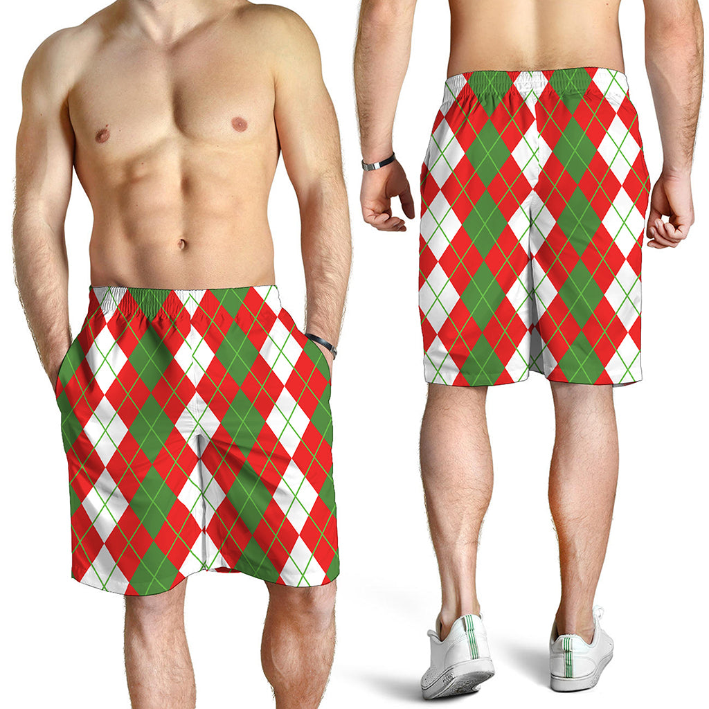 White Green And Red Argyle Pattern Print Men's Shorts