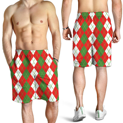 White Green And Red Argyle Pattern Print Men's Shorts
