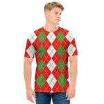 White Green And Red Argyle Pattern Print Men's T-Shirt