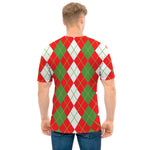 White Green And Red Argyle Pattern Print Men's T-Shirt