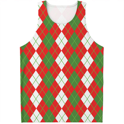 White Green And Red Argyle Pattern Print Men's Tank Top