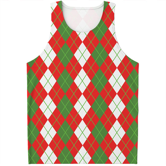 White Green And Red Argyle Pattern Print Men's Tank Top