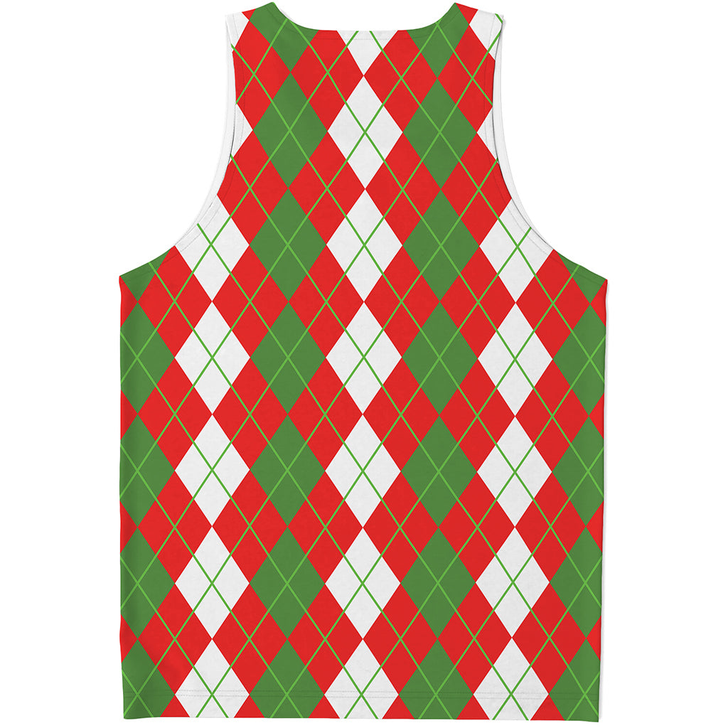 White Green And Red Argyle Pattern Print Men's Tank Top