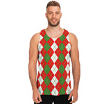 White Green And Red Argyle Pattern Print Men's Tank Top
