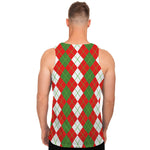 White Green And Red Argyle Pattern Print Men's Tank Top