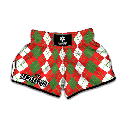 White Green And Red Argyle Pattern Print Muay Thai Boxing Shorts