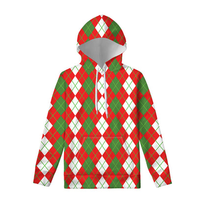 White Green And Red Argyle Pattern Print Pullover Hoodie