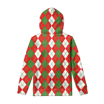 White Green And Red Argyle Pattern Print Pullover Hoodie