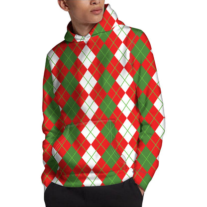 White Green And Red Argyle Pattern Print Pullover Hoodie