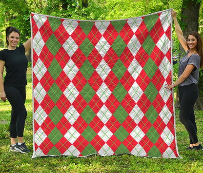 White Green And Red Argyle Pattern Print Quilt